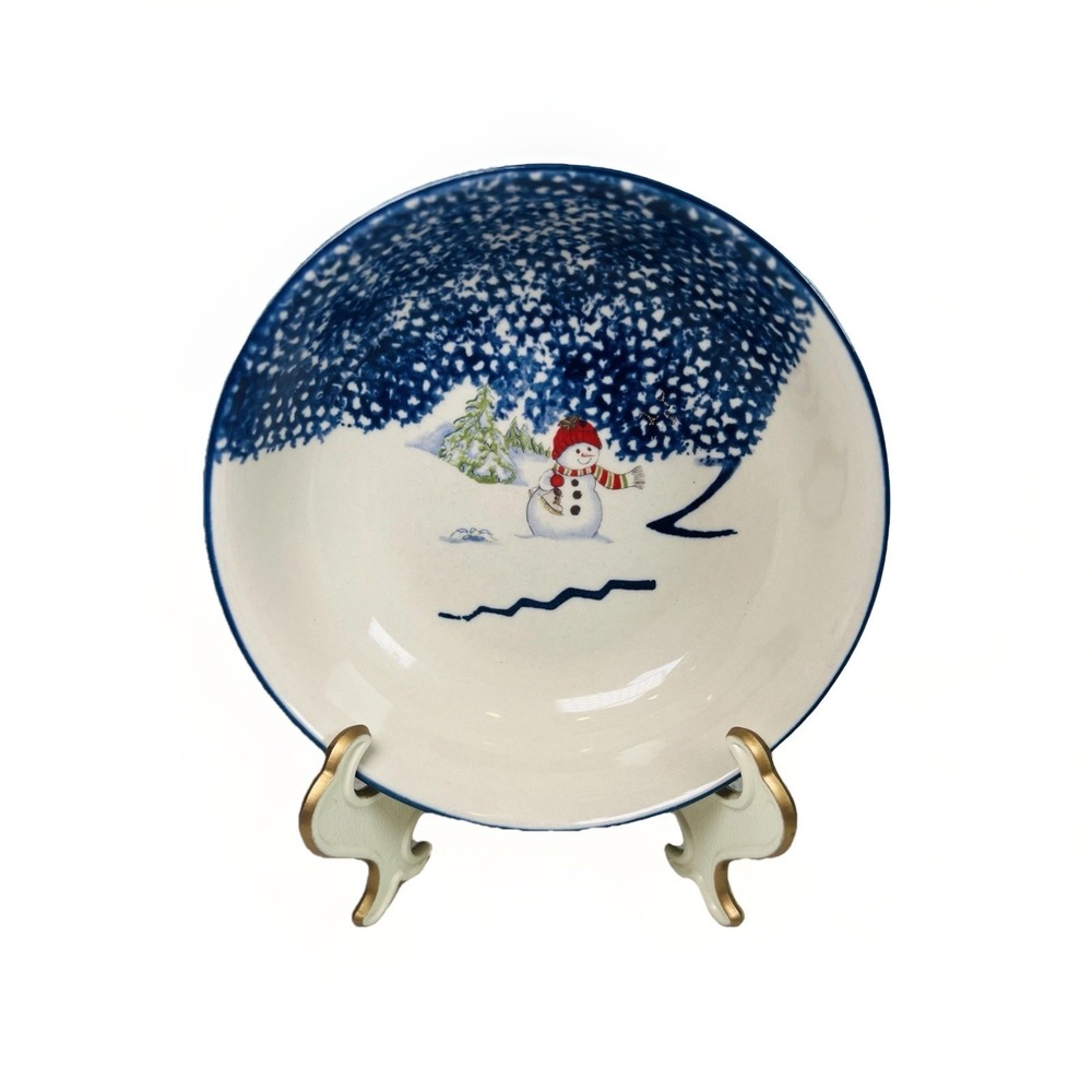 Thomson Pottery Snowman Bowls Winter Christmas Blue White Vintage Set of 4